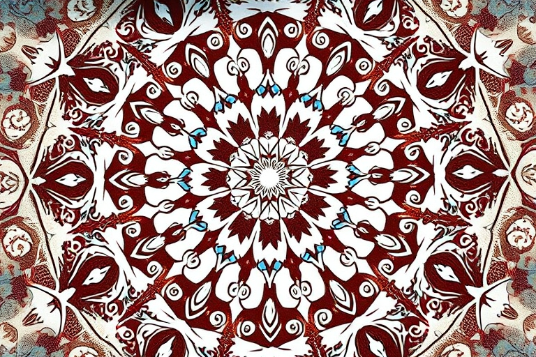 Create a high-resolution, symmetrical mandala design featuring intricate swirling patterns and floral motifs, captured with a 50mm lens at f/1.8, ISO 100, and a shallow depth of field to enhance details, using a DSLR camera in natural light with a top-down view.
