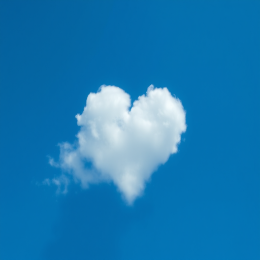 Create a high-resolution image of a heart-shaped cloud in a clear blue sky, using a Canon EOS R5 with a 50mm f/1.2 lens, aperture set at f/8, shutter speed at 1/200 sec, ISO 100, taken from a wide-angle view to emphasize the sky.