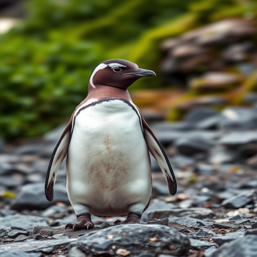 Generate an image of a penguin standing on rocky terrain with lush greenery in the background, captured with a DSLR camera, 50mm lens, aperture f/2.8, ISO 200, shutter speed 1/500s, in natural lighting, with a shallow depth of field for a soft bokeh effect.