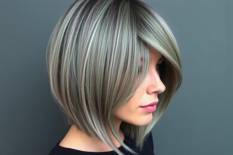 Ash gray long bob with subtle green undertones and styled in sleek, straight lines with a deep side part, exuding a sophisticated and mysterious aura named Misty Willow