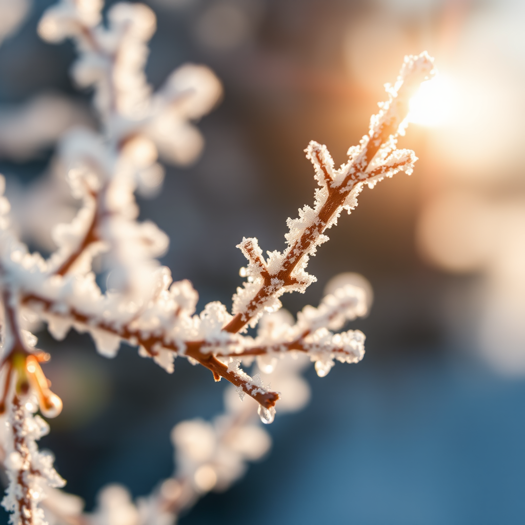 close-up of frosted branches with ice crystals glistening in sunlight, shallow depth of field, aperture f/2.8, shutter speed 1/250s, ISO 100, DSLR camera, macro lens, natural light