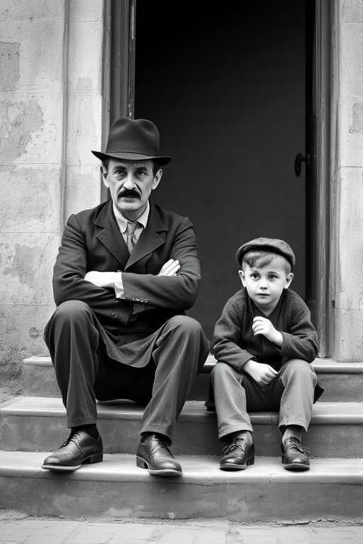 A black-and-white photograph of a man and a child sitting on steps in front of a doorway. The man is dressed as a tramp with a bowler hat, mustache, and ragged clothes, reminiscent of Charlie Chaplin's iconic look. He is sitting with his arms crossed and an expression of slight sadness or frustration. Next to him is a young boy, also in worn clothes and a cap, sitting with his hands clasped, looking thoughtful. The background is an old, textured wall and a partially open door, creating a vintage, early 20th-century atmosphere.