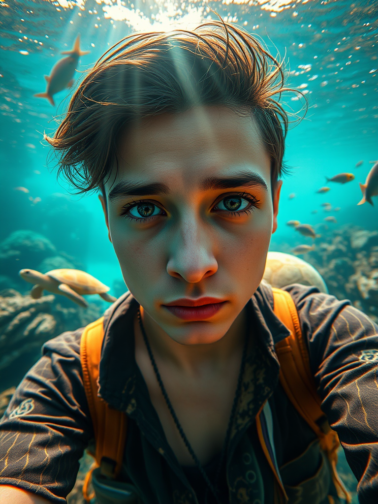 Realistic selfie image of a Hispanic, wearing a vintage outfit, detailed dreamy eyes, droopy hooded eyes, staring at the camera, taken underwater at coral reef with a sunbeam filtering through the water, vibrant, summer vacation, natural lighting, turtle and school of tropical fish with vibrant colors, rendered in the style of CryEngine, Pegi Nicol MacLeod, with realistic genre scenes, hauntingly beautiful narratives, ultra-realism, and Thomas Saliot's close-up technique, 8K resolution, crystal clear and sparkling water.