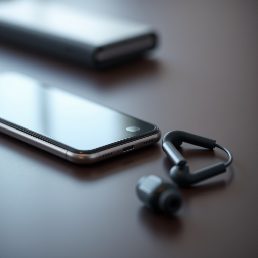 Create a high-resolution image of a sleek smartphone with two black earbuds next to it, using a Canon EOS 5D Mark IV, f/2.8 aperture, ISO 100, 50mm lens, and a soft-focus background to enhance image quality.