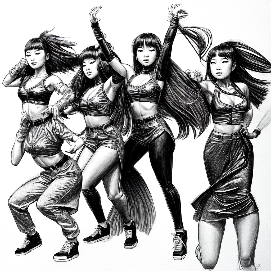 Ai Image Generator - Ai Art Generator - High Quality and 100% Unique Images  - iPic.Ai asian girls dancing hip hop at garage of sport cars. COMIC BOOK.  SKETCH STYLE. BLACK AND WHITE.