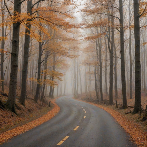 a scenic winding road through a misty forest in autumn with bare trees and fallen leaves on the ground