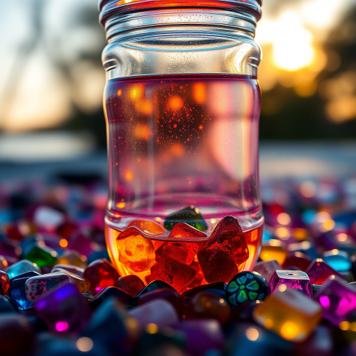 a close-up shot of a clear plastic water bottle filled with a colorful liquid, surrounded by scattered vibrant glass stones, shallow depth of field, golden hour lighting, soft focus background, taken with a DSLR camera at f/2.8, ISO 200, 50mm lens, using a low angle perspective