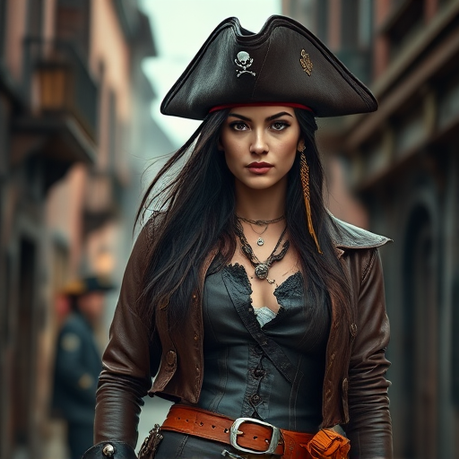 Create a portrait of a fierce female pirate. She wears a leather tricorn hat adorned with a skull and crossbones emblem, and her long, dark hair flows around her face. Her outfit consists of a richly detailed leather jacket, a corset, and multiple layers of belts and accessories, giving her a formidable and stylish appearance. She stands confidently in a dimly lit, historic port town, with a backdrop of weathered buildings and cobblestone streets, capturing the adventurous spirit of a pirate.