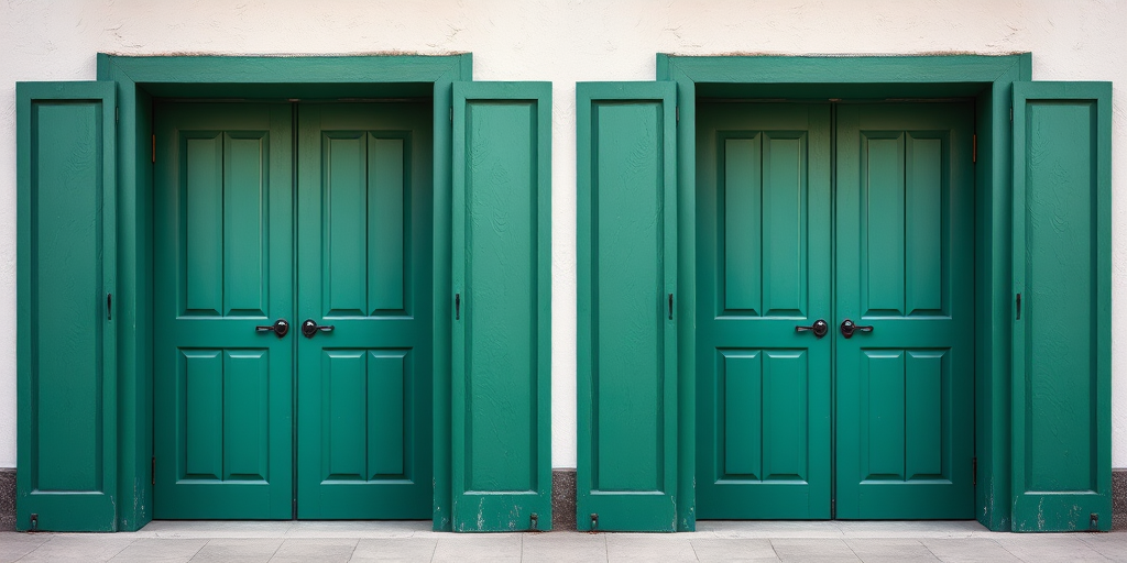 Generate an image of a pair of green doors with vertical stripes, viewed straight on, using a digital camera at 50mm focal length, f/8 aperture, ISO 100, capture in high resolution.