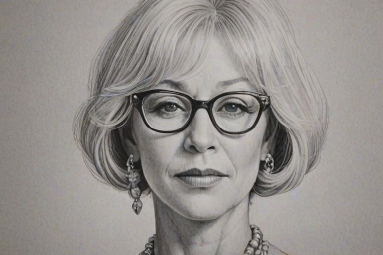 Gorgeous Helen Mirren, pencil sketch, portrait of Beauteous woman 1965s in glasses, hair style beatnik, outline, clear lines, fine lines, 8k