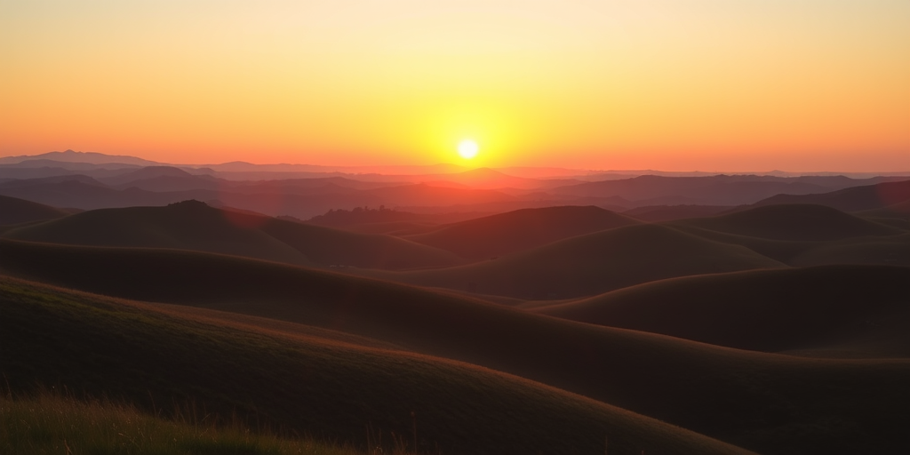 Generate a high-quality image of a serene landscape featuring rolling hills and a sunset with warm hues, using a Canon EOS R5, 24mm lens, f/8 aperture, ISO 200, and a wide-angle view to enhance depth and clarity.
