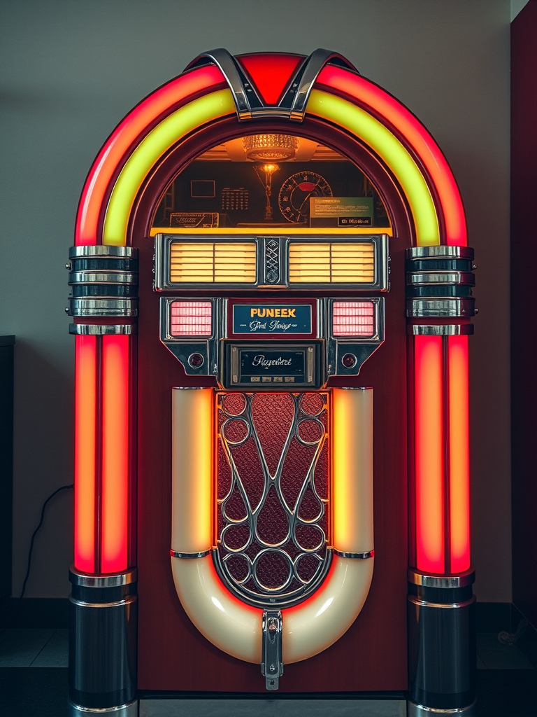 Regenerate the image of a vintage jukebox, using a Canon EOS R5 camera, with an aperture of f/4, ISO 100, and a shutter speed of 1/125s, in a front view and vibrant colors, simulating a digital art style to enhance image quality.