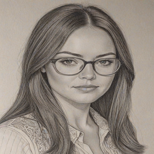 Beauteous Lacey Turner, pencil sketch, portrait of Exquisite woman 1973s in glasses, hair style beatnik, outline, clear lines, fine lines, 8k