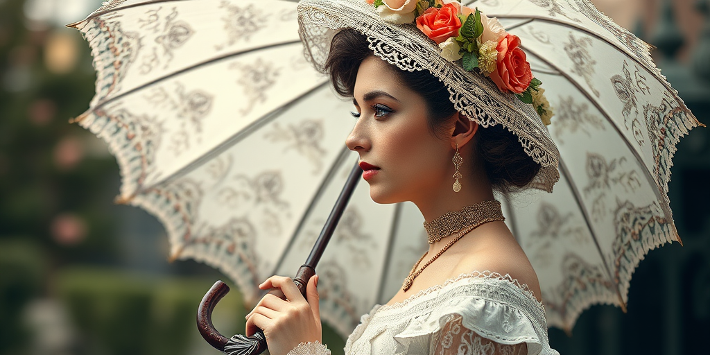 Create a highly detailed, vintage-style illustration of a Victorian woman holding an ornate umbrella, side profile view, with intricate lace patterns and floral details, captured using a DSLR camera with a 50mm lens at f/1.8, ISO 100, and a shallow depth of field to emphasize the subject while softly blurring the background.