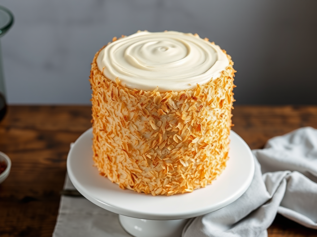 Create an image of a tall round cake with a smooth frosting on top and covered in toasted coconut flakes on the sides placed on a white cake stand with a rustic wooden table underneath and a light gray cloth draped nearby.