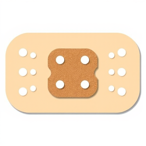 Create a high-resolution illustration of a beige adhesive bandage with a central brown pad and white dots on the sides, captured from a top-down view using a digital camera with a 50mm lens, f/2.8 aperture, ISO 100, and natural lighting for clarity and detail.