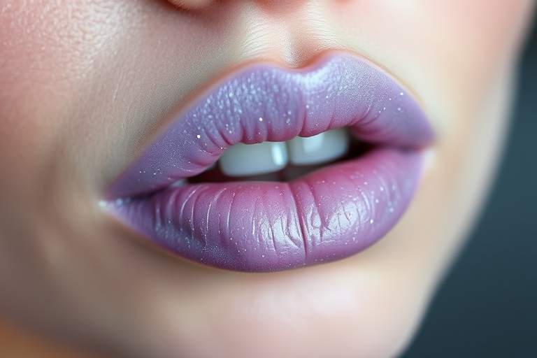 Frosted lavender lipstick called "Moonlit Whisper," combining a cool-toned base with fine silver sparkles for an ethereal look