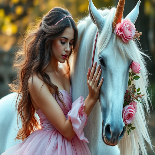 A majestic woman in a flowing pink gown lovingly embraces a white unicorn adorned with floral decorations, captured in a close-up shot using a full-frame DSLR camera, aperture f/2.8, ISO 100, with soft natural lighting to enhance the ethereal quality of the scene.
