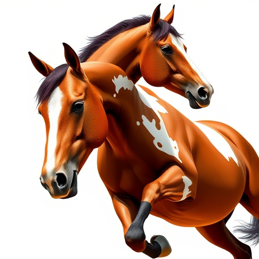 Create a realistic illustration of a muscular brown horse with white markings, captured in a dynamic pose, using a DSLR camera, 50mm lens, f/1.8 aperture, ISO 200, shot from a low angle to emphasize its stature in bright natural light.