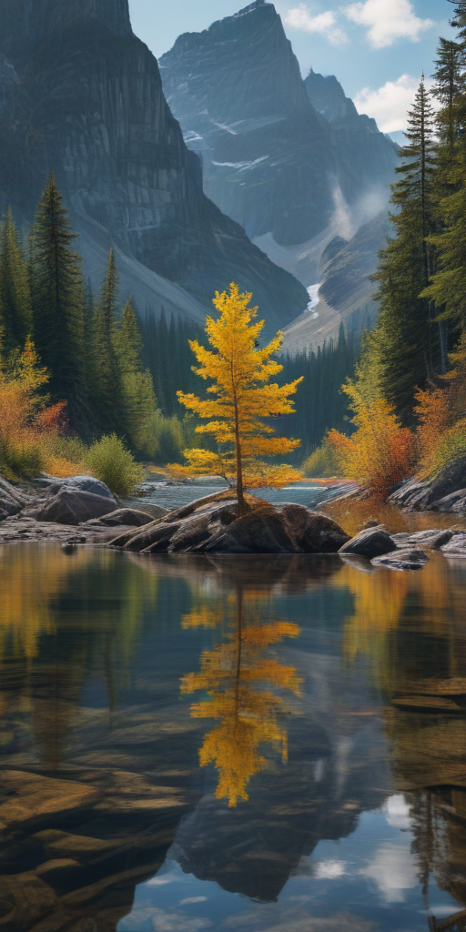 Stunning Autumn Landscape with Golden Tree Reflected in Peaceful Lake