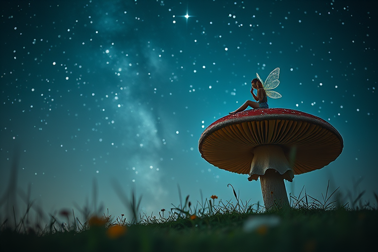 Create a magical scene of a fairy sitting on a giant mushroom under a starry sky, captured with a Canon EOS R5, 50mm lens, aperture f/1.8, ISO 200, shutter speed 1/125s, using a low-angle view for depth and a soft focus on the background to enhance the enchanting atmosphere.