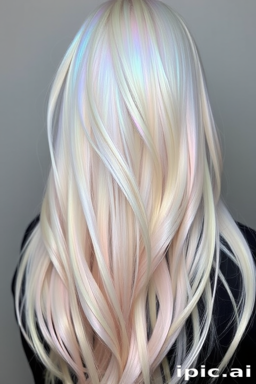 Iridescent opal hair shimmering with subtle pastel hues, Pearl's locks reflect light in a mesmerizing display of color, featuring a long, sleek style that showcases the multifaceted beauty of the gemstone