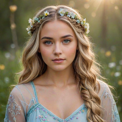 Create an image of a young Latino woman with long, wavy blonde hair, adorned with small, colorful flowers woven into her braids and loose strands. Her complexion is fair, with soft, glowing skin, and she has light blue eyes that gaze softly at the viewer. She wears a light, flowing dress with a gentle, ethereal quality, complementing her delicate and serene appearance. The background is slightly blurred, drawing focus to her tranquil expression and the intricate details of the flowers in her hair. The overall mood of the image is one of natural beauty and grace, evoking a sense of peacefulness and connection with nature.