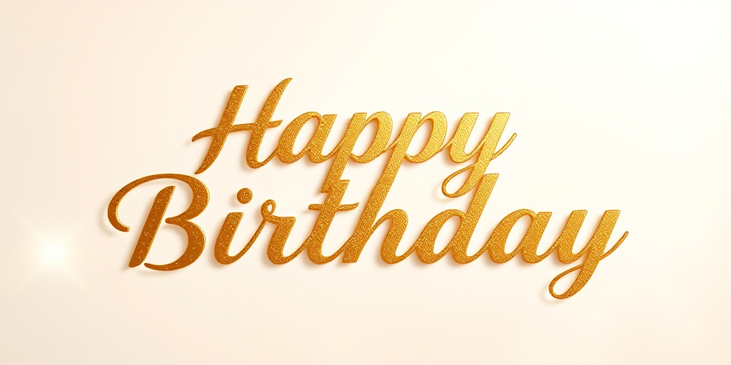 Create an elegant birthday greeting with the text "Happy Birthday" in cursive style, using a gold color with a shiny, metallic effect, against a soft gradient background; camera type DSLR, camera view close-up, camera settings f/2.8 aperture, 50mm lens, ISO 100, natural lighting.
