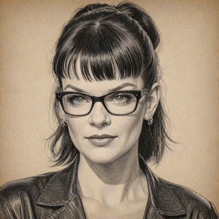 Fetching Pauley Perrette, pencil sketch, portrait of Dazzling woman 1921s in glasses, hair style beatnik, outline, clear lines, fine lines, 8k