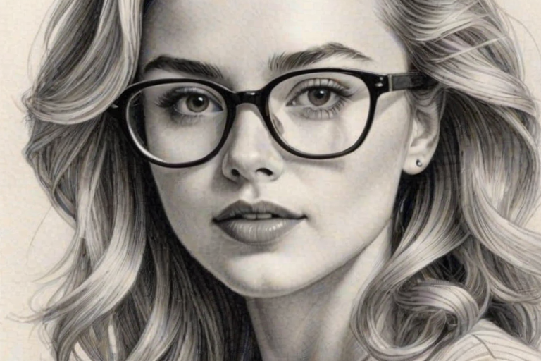 Gorgeous Peyton List, pencil sketch, portrait of Radiant woman 1980s in glasses, hair style beatnik, outline, clear lines, fine lines, 8k