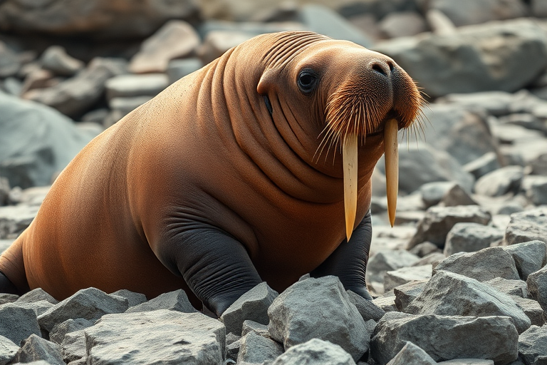 Create a high-resolution image of a walrus sitting on a rocky surface, camera settings: f/8, ISO 100, shutter speed 1/250s, camera view: close-up, camera style: natural lighting, camera type: digital SLR.