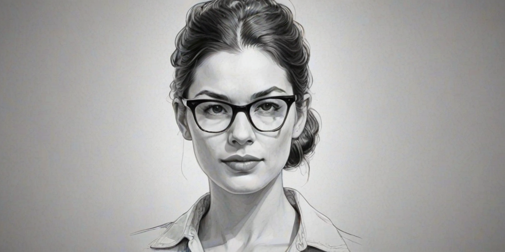 Fetching Amelia Warner, pencil sketch, portrait of Lovely woman 1957s in glasses, hair style beatnik, outline, clear lines, fine lines, 8k