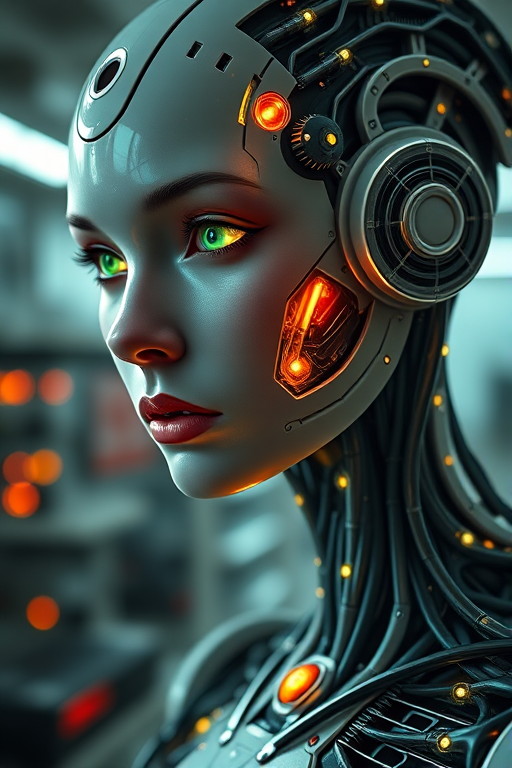 Create a hyper-realistic close-up of a female android with intricate circuitry and glowing elements in a futuristic lab, natural soft lighting, depth of field effect, 85mm lens, f/1.4 aperture, ISO 100, DSLR camera.