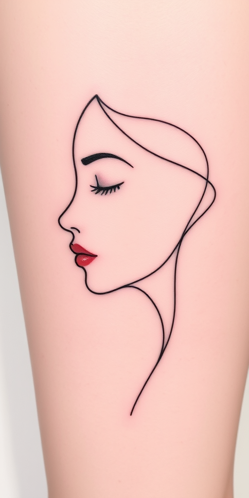 Minimalist line art tattoo illustrating a continuous one-line drawing of a face profile, emphasizing simplicity and negative space, named "Whisper of Lines"