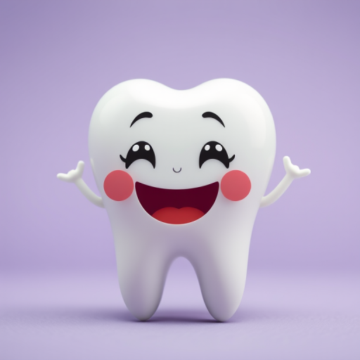 Create a cute and playful cartoon tooth character against a soft purple background, using a Canon EOS R5 camera with a 50mm f/1.2 lens, aperture set to f/2.8, ISO 100, and a shallow depth of field to enhance the character's details while softly blurring the background.