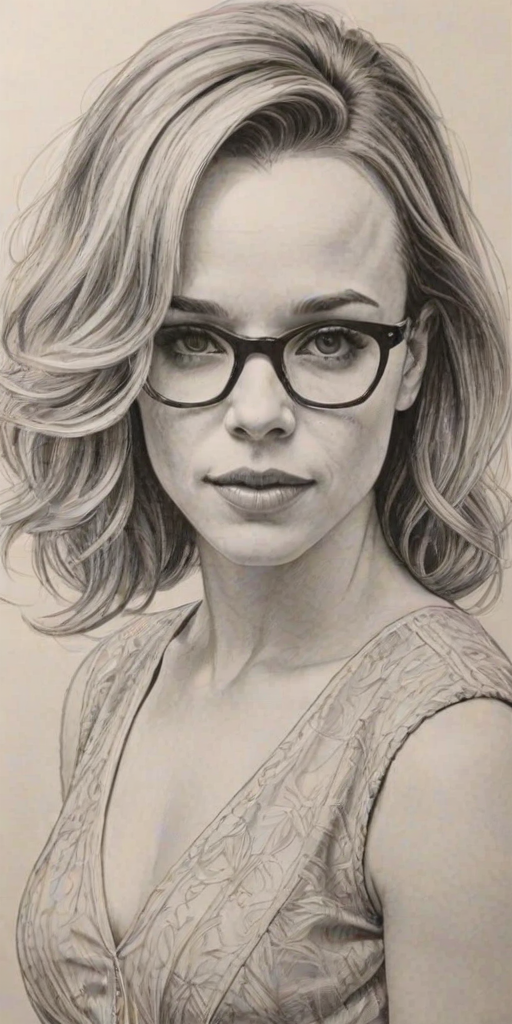 Magnificent Rachel McAdams, pencil sketch, portrait of Graceful woman 1965s in glasses, hair style beatnik, outline, clear lines, fine lines, 8k