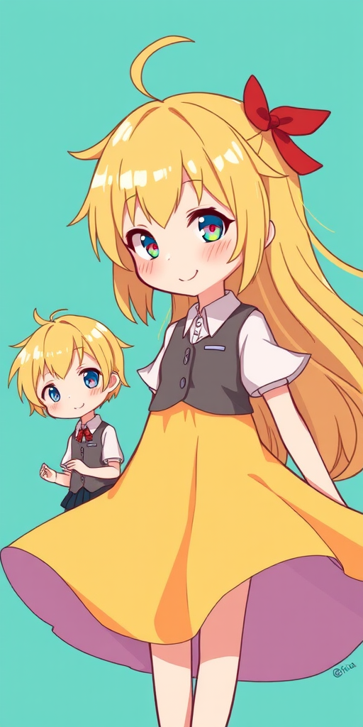 Create a vibrant illustration of two chibi characters, one with short blonde hair in a white shirt and grey vest, and the other with long blonde hair in a flowing yellow dress, set against a turquoise background, using a soft focus lens with f/2.8 aperture, 50mm focal length, and a digital SLR camera type to enhance image quality.