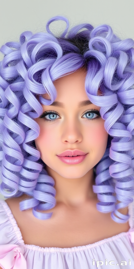 Dreamy periwinkle curls arranged in the "Cotton Candy Cloud" style form soft, bouncy ringlets that frame the face, accented with iridescent glitter for a magical touch