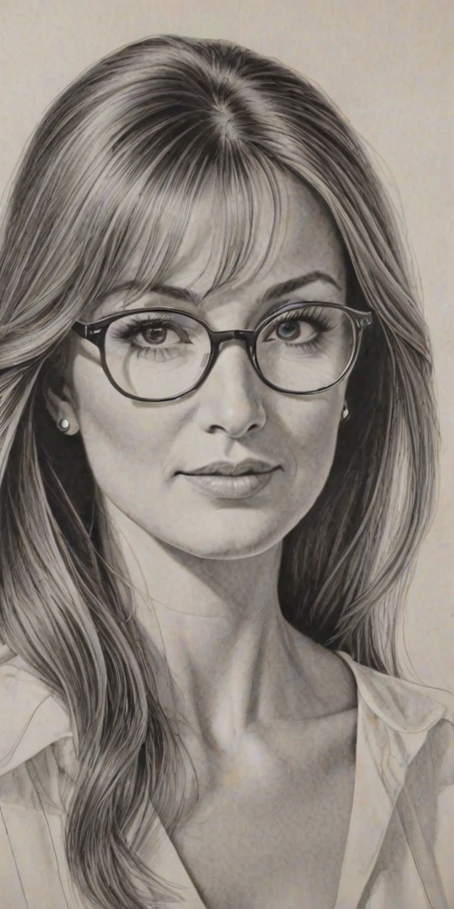 Stunning Jane Seymour, pencil sketch, portrait of Exquisite woman 1968s in glasses, hair style beatnik, outline, clear lines, fine lines, 8k