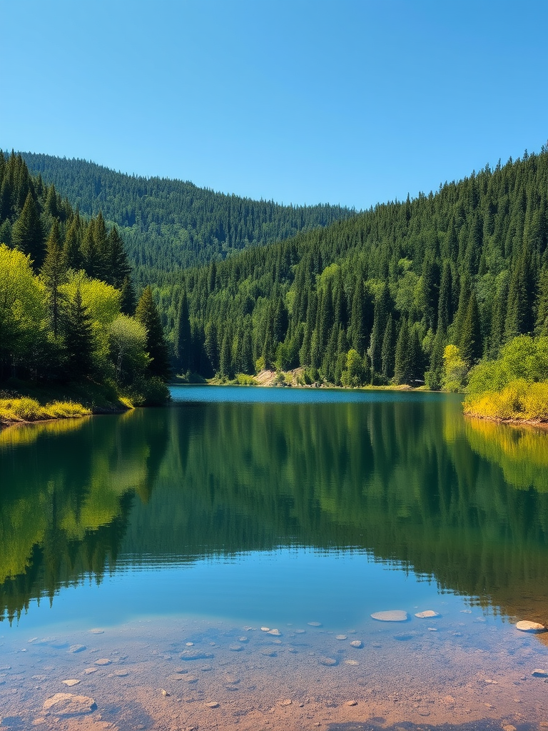 Create a high-resolution image of a tranquil nature scene featuring a serene lake surrounded by lush green forests under a clear blue sky, captured with a DSLR camera, 50mm lens, aperture f/8, ISO 100, and soft natural lighting for enhanced depth and clarity.