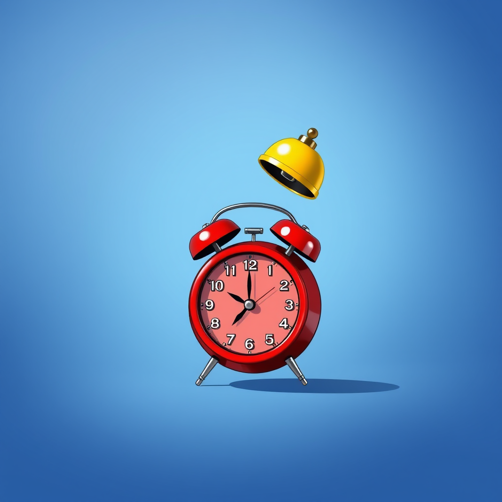 Create an illustration of a vintage red alarm clock with two yellow bells on top, set against a smooth gradient blue background, using a digital drawing style, incorporate details like shadows and reflections for depth, and use a Canon EOS R5 with a 24-70mm lens at f/8, ISO 100, 1/125s for sharpness and clarity.