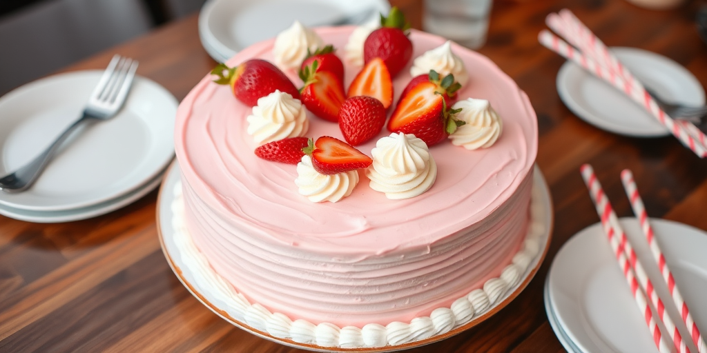 A round pink frosted cake decorated with whipped cream rosettes and fresh strawberries on top, placed on a wooden table with plates and straws nearby.