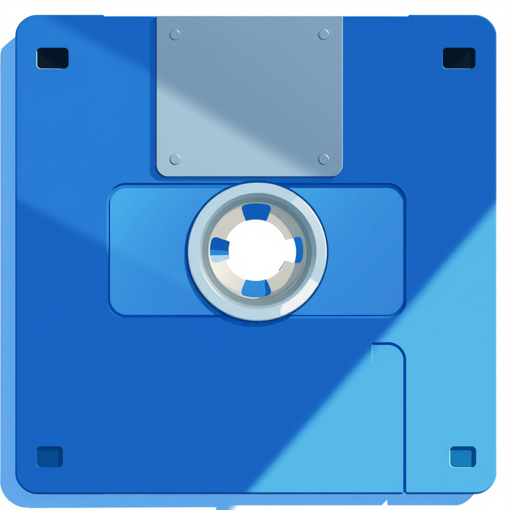 Create a high-resolution vector illustration of a blue floppy disk viewed from a top-down perspective, using a 50mm lens, f/2.8 aperture, ISO 100, and soft natural lighting to enhance details and shadow contrast.