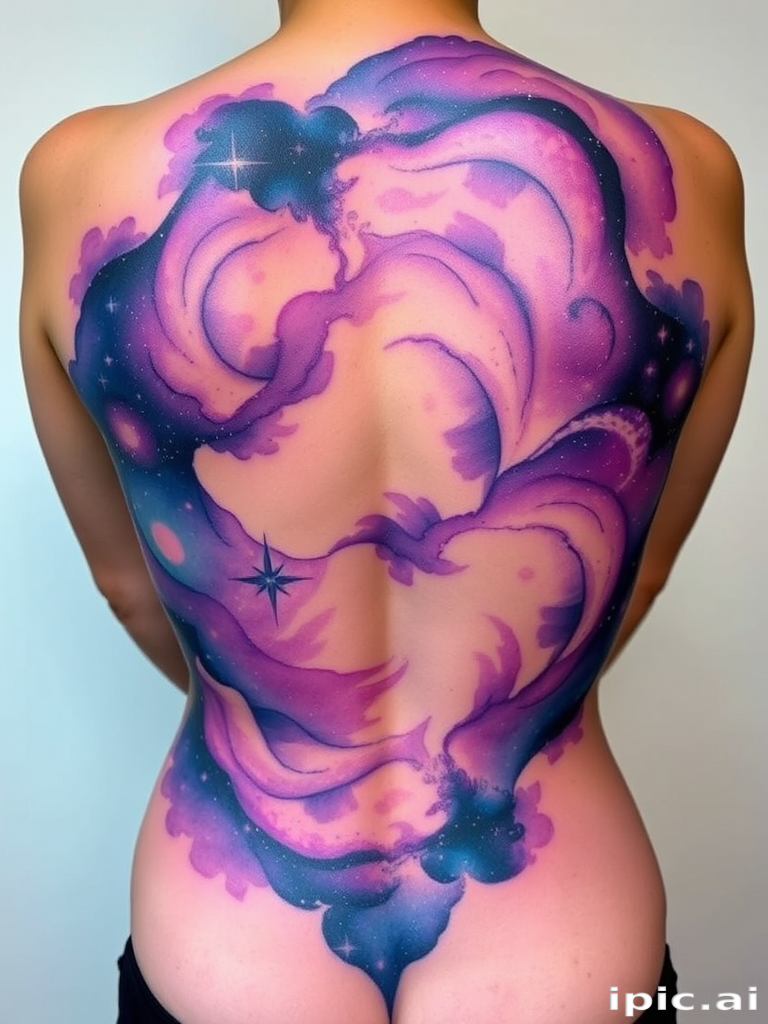 Dreamy watercolor galaxy tattoo with swirling nebulas and twinkling stars, blending vibrant purples and blues seamlessly into the skin, covering the entire back in a cosmic masterpiece