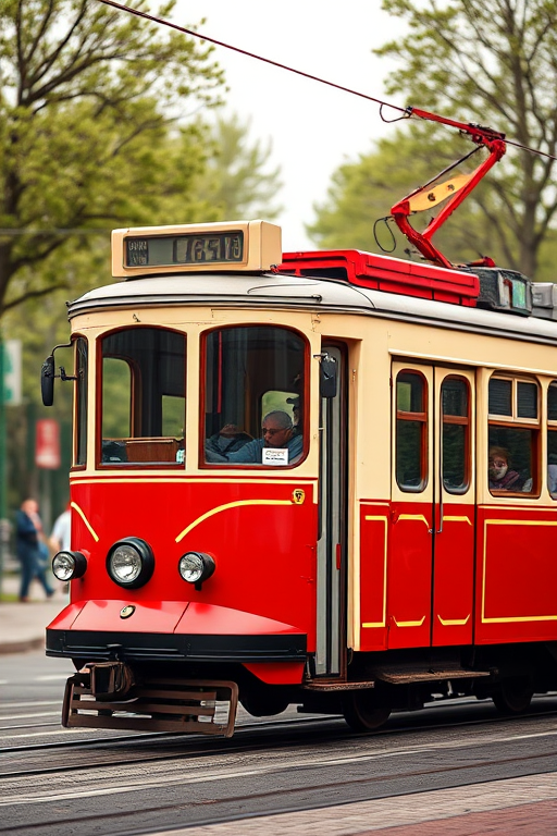 Generate a high-quality illustration of a retro tram side view with a red and cream color scheme, using a Canon EOS R5 camera, f/4 aperture, 50mm lens, ISO 100, with a soft focus background for enhanced depth.