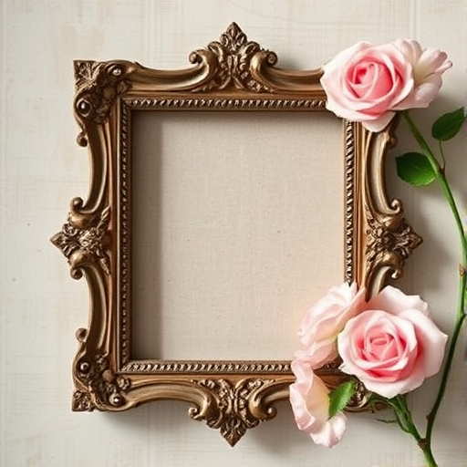 High-resolution image of a vintage ornate frame with a textured background, adorned with delicate pink roses, captured with a Canon EOS R5, 50mm lens, f/2.8 aperture, ISO 100, soft natural lighting, shallow depth of field for enhanced detail and clarity.
