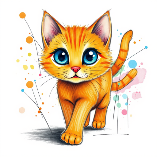 A vibrant childs coloured pencil drawn illustration of a bright orange cat with large, expressive blue eyes, a very cute style. The cat appears to be walking towards the viewer, surrounded by an abstract splash of colors and fine black lines, giving the image a dynamic and artistic flair. The background is a soft beige, highlighting the cat's vivid coloration and playful demeanor. Naively drawn scratchy line style.