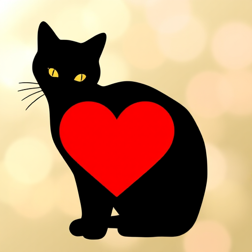 Create a digital illustration of a stylized cat outlined in black, with a heart shape in vibrant red overlaying its body, using a 50mm lens, f/2.8 aperture, soft focus background, shot in high resolution with a digital SLR camera to enhance image quality.