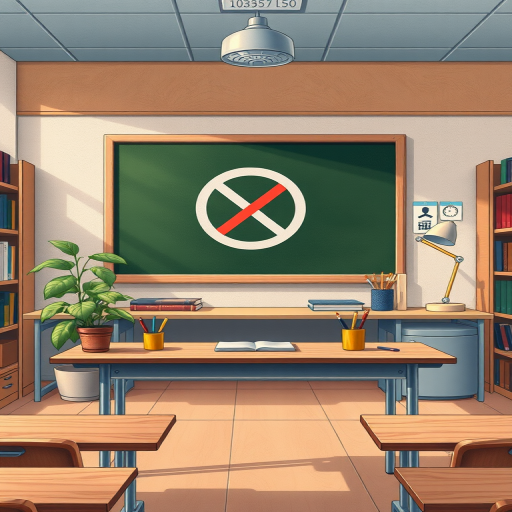 create a detailed illustration of an empty desk in a classroom setting with a blackboard featuring a no symbol for a person, include a potted plant, stationery, a lamp, bookshelves in the background, use a Canon EOS R5 camera with a 24-70mm lens, aperture f/4, ISO 100, shutter speed 1/60 seconds, slightly elevated view and soft lighting for enhanced quality