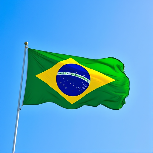 Create a high-resolution image of the Brazilian flag with vibrant colors, using a DSLR camera with a 50mm lens, aperture set to f/2.8, ISO 100, and a bright daylight setting, capturing the flag waving gently in a clear blue sky.
